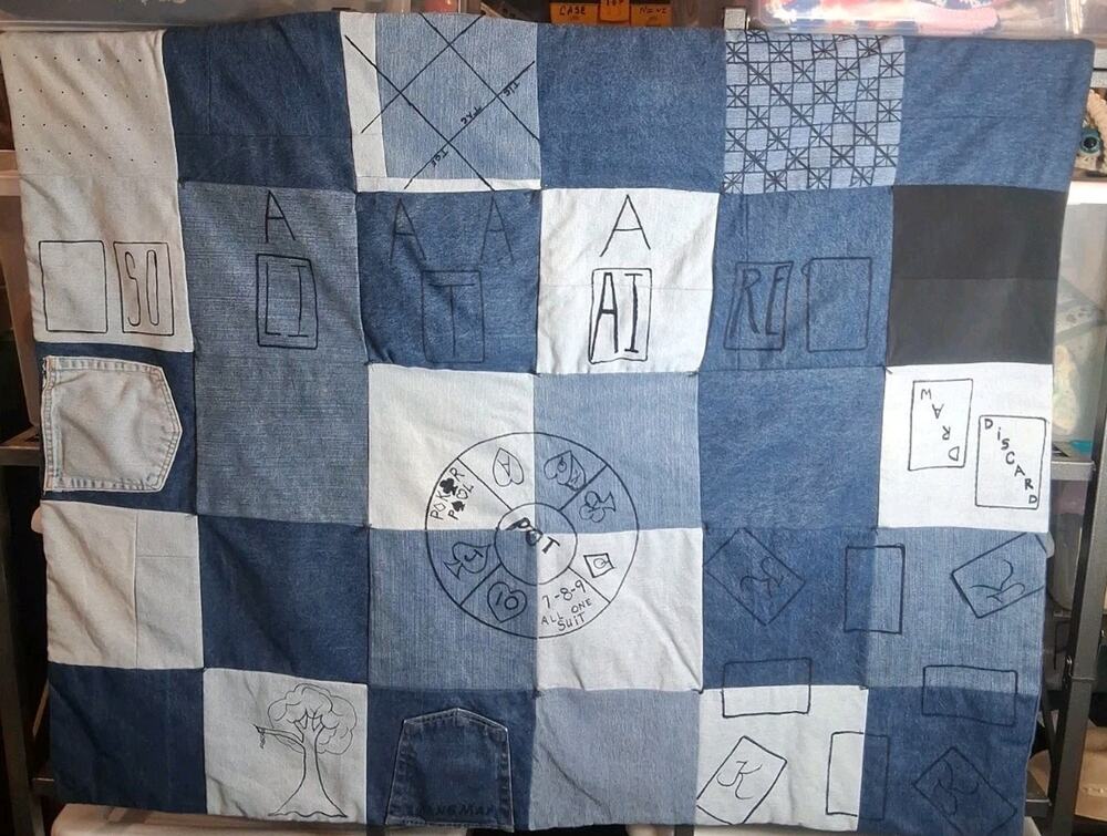 Denim Handmade Game Quilt One Of A Kind Rare Fun Family 41.5 × 48.5 Patchwork
